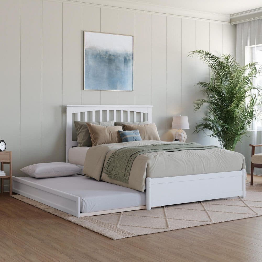 Everett White Solid Wood Frame Full Platform Bed with Panel Footboard and Twin Trundle price history on PriceWatchPro