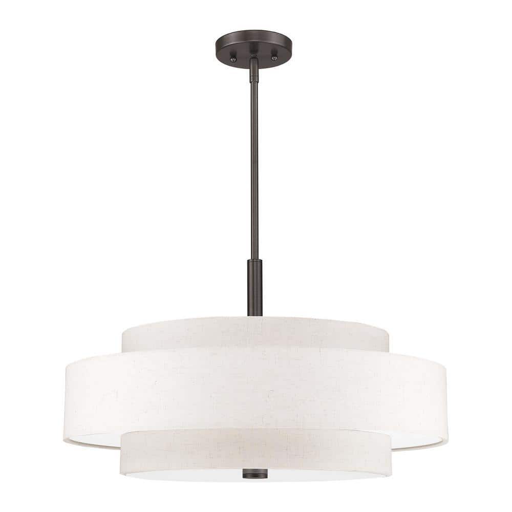 English Bronze Drum Shade Pendant Light with Oatmeal Fabric