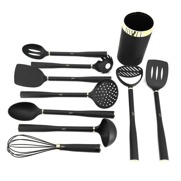 Gibson Home Hamps Bridge 10-Piece Nylon Kitchen Tool Set and Utensil Crock in Black and Gold
