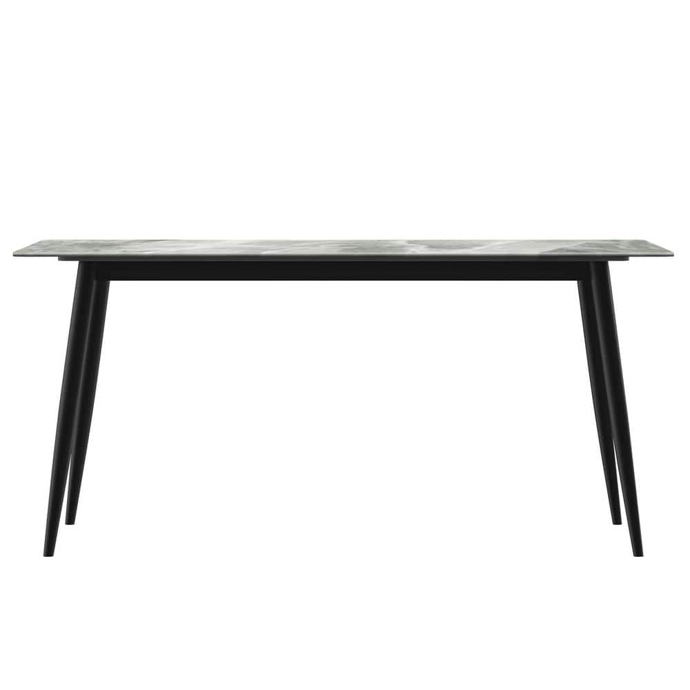 Light Grey Glass Rectangular Dining Table with Black Steel Legs