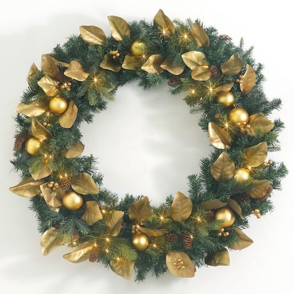 36 in. Green Pre-Lit LED Magnolia and Eucalyptus Artificial Christmas Wreath