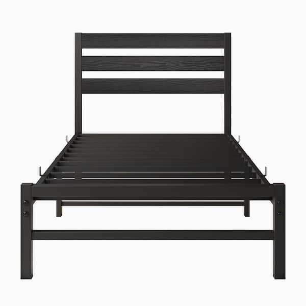 Black Metal Frame Twin Size Platform Bed with Rustic Vintage Black Wooden Headboard, No Box Spring Needed