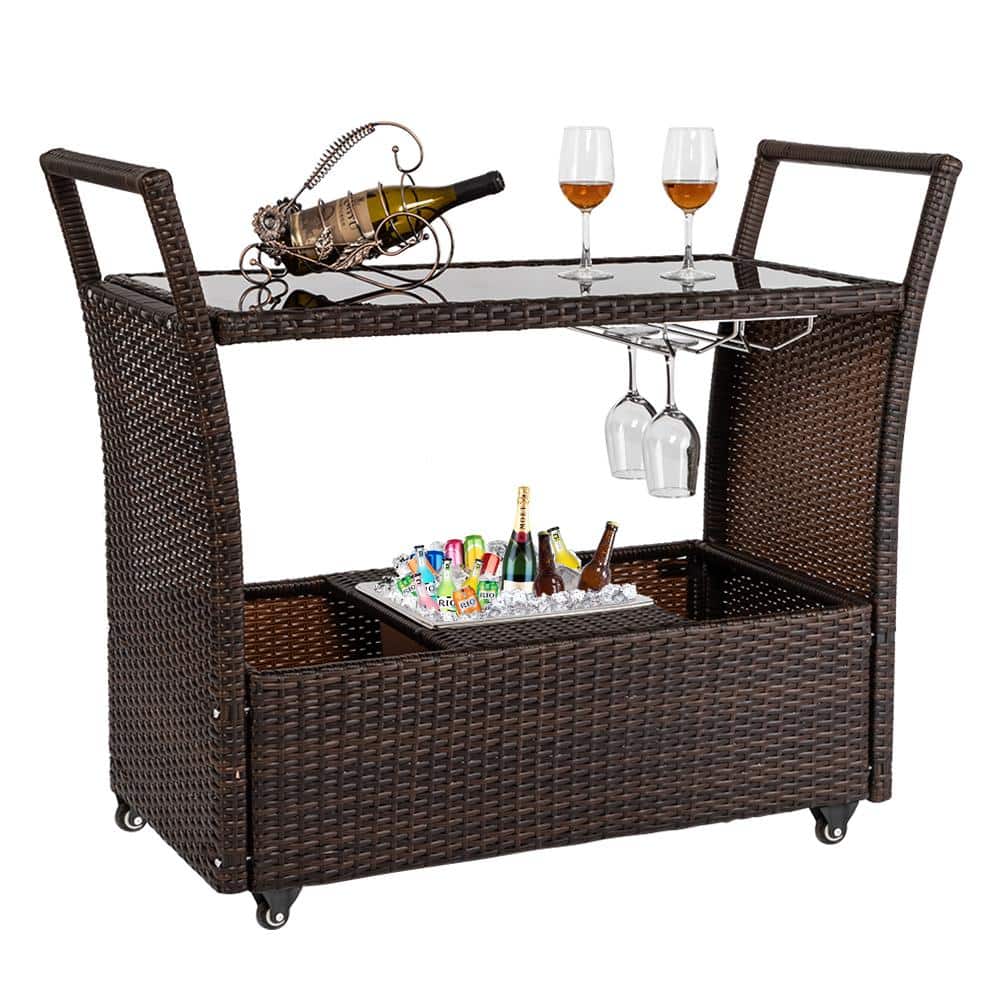 VINGLI Wicker Outdoor Bar Cart with Wheels, Ice Bucket and Glass Rack