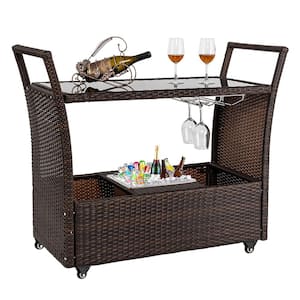 Wicker Outdoor Bar Cart with Wheels, Ice Bucket and Glass Rack Outdoor Bar Table Serving Cart