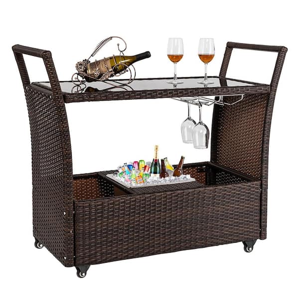 VINGLI Wicker Outdoor Bar Cart with Wheels, Ice Bucket and Glass Rack Outdoor Bar Table Serving Cart