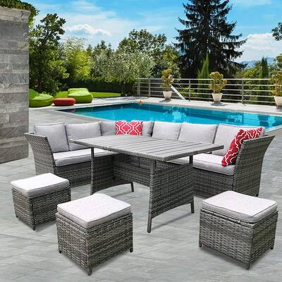 Grey 7-Piece PE Wicker Outdoor Patio Sectional Sofa with Grey Cushions and Dining Table