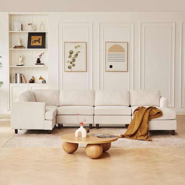 anpport Luxury 95.6 in. Flared Arm 6-piece Corduroy Modular Sectional Sofa with Ottoman in Beige