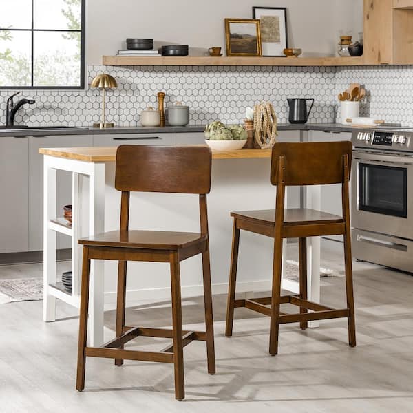 Walker Edison Furniture Company Modern 24 in. Walnut Low Back Solid Wood Counter Stool with MDF Seat, Set of 2
