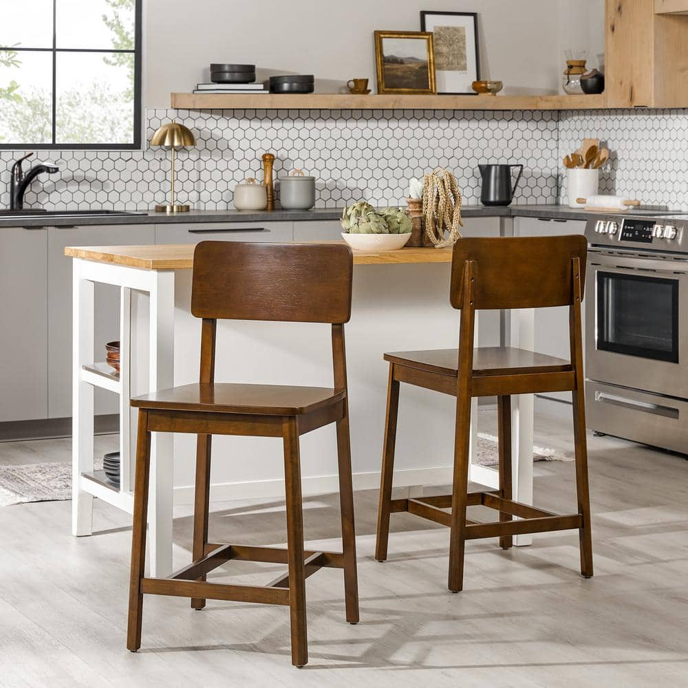 Welwick Designs Modern 24 in. Walnut Low Back Solid Wood Counter Stool ...