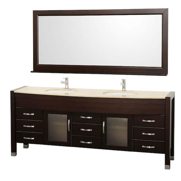 Wyndham Collection Daytona 78 in. Vanity in Espresso with Double Basin Marble Vanity Top in Ivory and Mirror