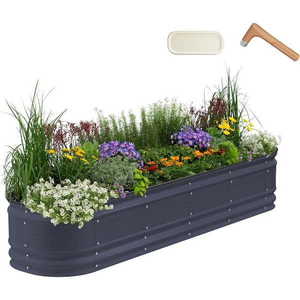 vego garden 17 in. Tall 9 in 1 Novel Modular Raised Garden Bed Kit Metal Planter Box w/2 in 1 Wrench Magnetic Plant Tags Modern Gray