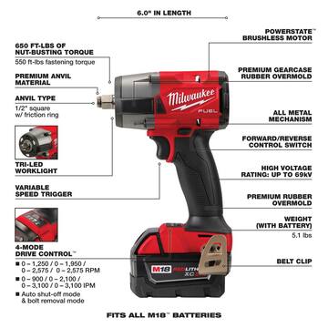 M18 FUEL Gen-2 18V Lithium-Ion Brushless Cordless Mid Torque 1/2 in. Impact Wrench with (1) 5.0 Ah Battery