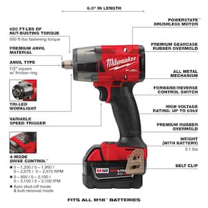 M18 FUEL Gen-2 18V Lithium-Ion Brushless Cordless Mid Torque 1/2 in. Impact Wrench with (1) 5.0 Ah Battery