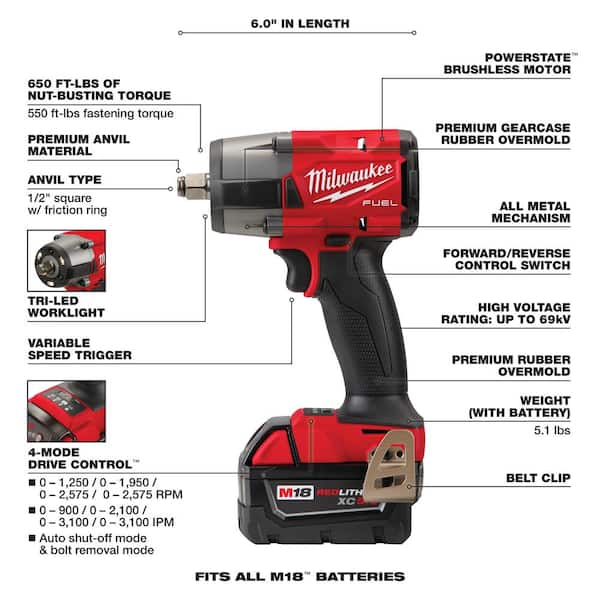 Milwaukee M18 FUEL 18V Lithium-Ion Brushless Cordless 1/2 in. High-Torque  Impact Wrench with Friction Ring Kit,Resistant Batteries 2767-22R - The  Home Depot