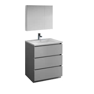 Lazzaro 30 in. Modern Bathroom Vanity in Gray with Vanity Top in White with White Basin and Medicine Cabinet
