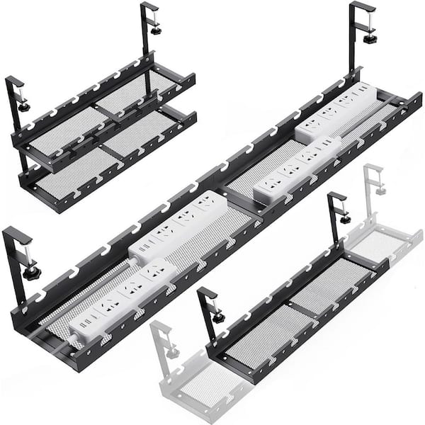 31 Inch Extendable Under Desk Cable Management Tray with Clamp No Drilling Metal Cord Holder Wire Organizer in Black