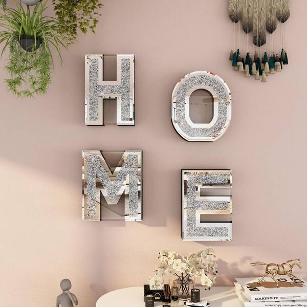 Silver 24.4 in. W x 7.8 in. H Modern Irregular Glass Framed 4-Piece Handmade Mirror Letters Decorative Mirror for Wall
