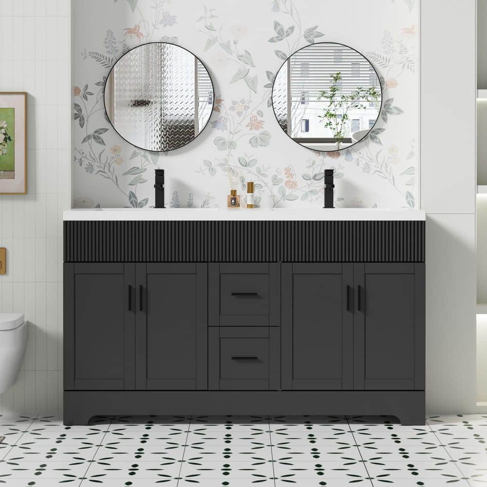 60 in. W. x 18.3 in. D x 33.7 in. H Double Sink Freestanding Bath Vanity Black with White resin Top and Drain Faucet Set price history on PriceWatchPro