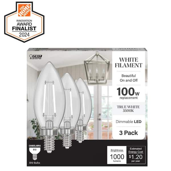 100-Watt Equivalent B10 E12 Candelabra Dim White Filament Clear Glass Chandelier LED Light Bulb True White 3500K, 3-Pack