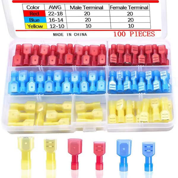 22-10-Gauge Fully Insulated Nylon Quick Spade Connectors Kit Male and Female Wire Crimp Terminal (100-Pack)