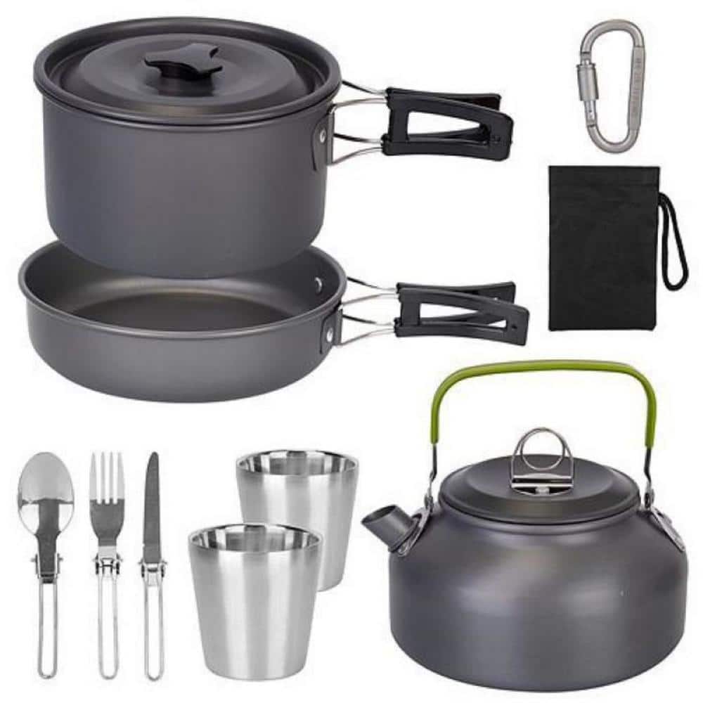  Outdoor Camping Cookware Set with Pot Pan and Kettle，Camping  Cookware Mess Kit Portable Hiking Backpacking Cooking Pot Set Survival  Cooking Gear Lightweight Cookware（A-Black） : Sports & Outdoors
