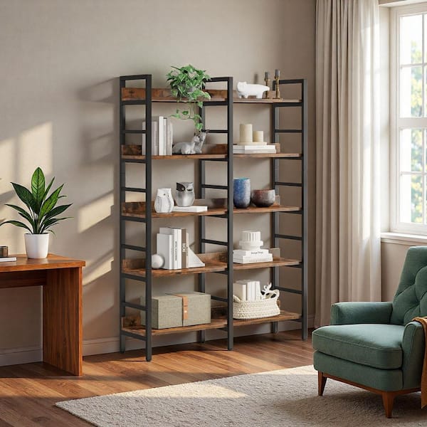 Rustic Brown 70.9 in. Tall Wood 5-Shelf Etagere Bookcase with Interior Shelves Storage for Home Office Living Room