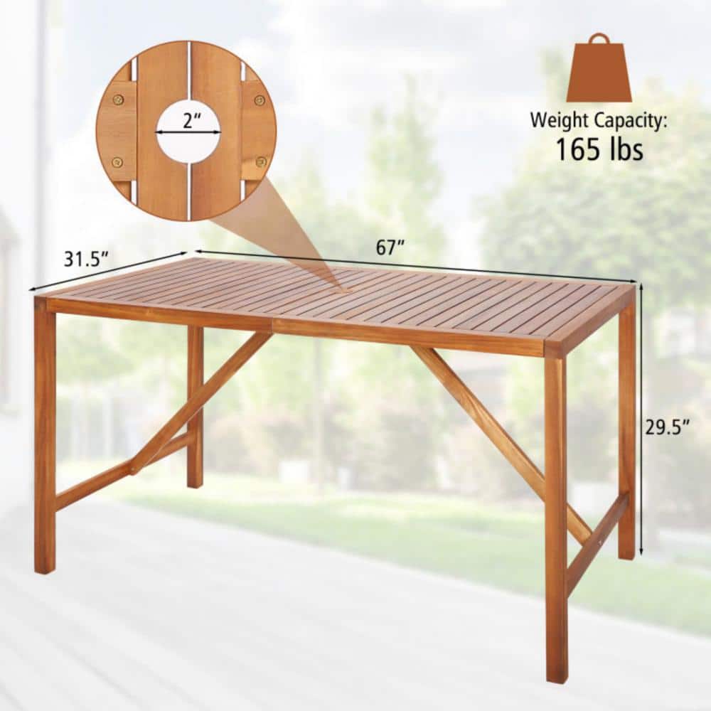 67-Inch Brown Acacia Wood Outdoor Dining Table with Umbrella Hole