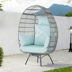 Patio Wicker Swivel Egg Chair, Oversized Indoor Outdoor Egg Chair, Gray Ratten Tiffany Blue Cushions