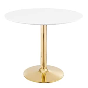 Verne 35 in. Round Dining Table White Wood Top with Gold Metal Base