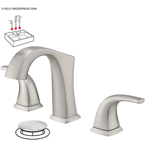 BWE 8 in. Widespread Double Handle Black Bathroom Faucet Set 3-Holes Vanity Sink With Metal Drain In Brushed Nickel