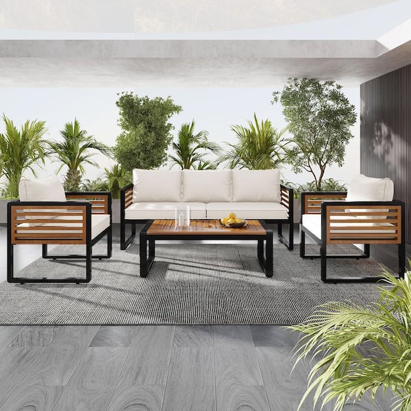 Sudzendf 4-Piece Metal & Wood Outdoor Patio Conversation Set with Beige Removable Cushion and Acacia Wood Tabletop Coffee Table
