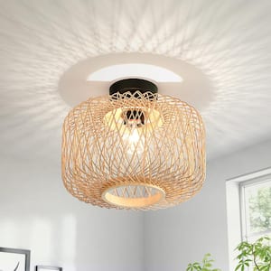 Aster 13.6 in. Coastal Bamboo Semi-Flush Mount Ceiling Light with Black Canopy