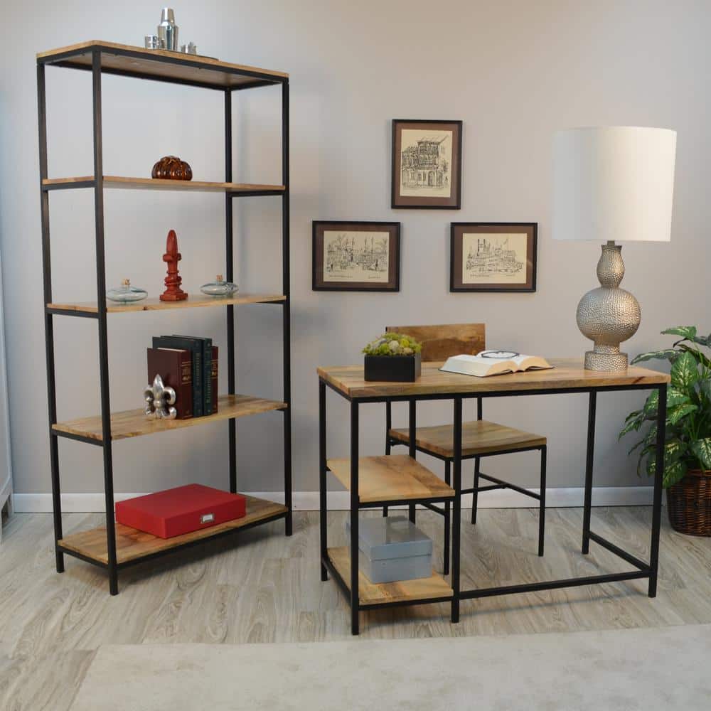 72" Natural Mango Wood and Black Metal Tall Bookcase