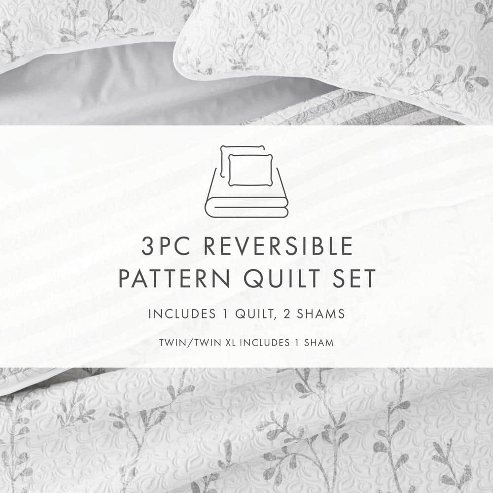 Light Gray and White Reversible Microfiber Quilt Set with Shams