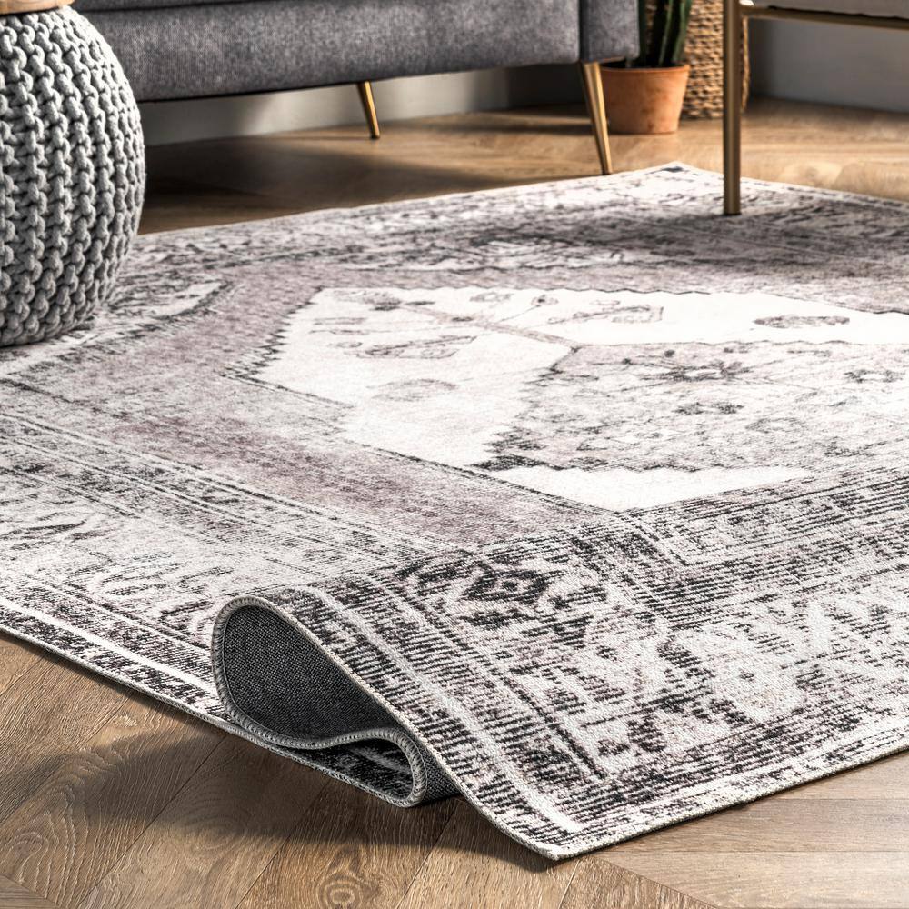 Light Gray Synthetic Medallion Washable Rectangular Area Rug 3' x 5'