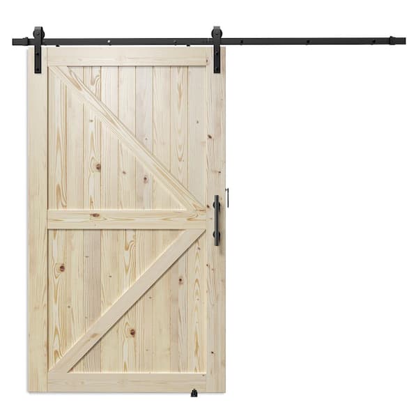 GOLDENPOLEY K Model 48 in. x 96 in. Unfinished Natural Solid Wood Interior Sliding Barn Door with Hardware Kit