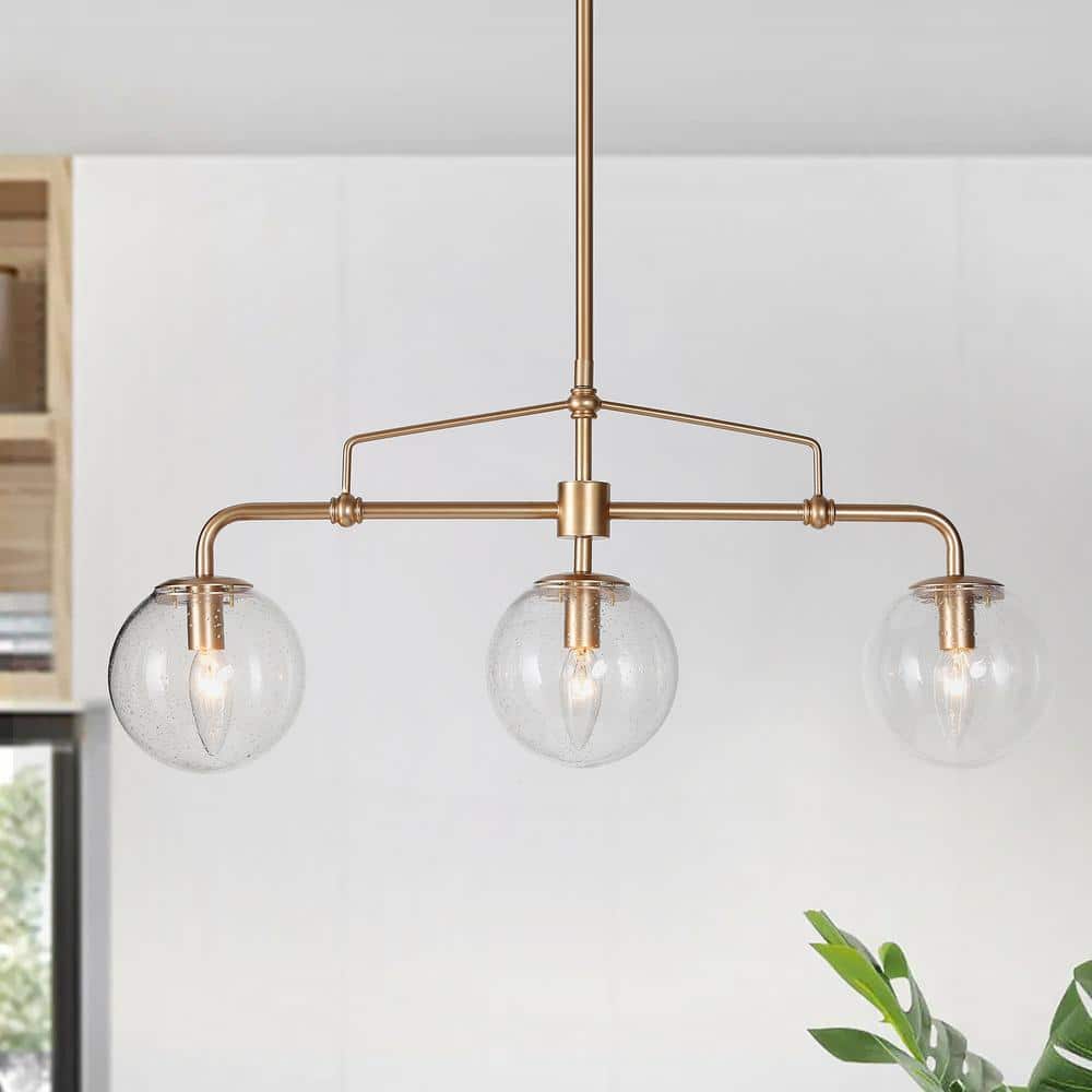 Modern Gold Globe Island Chandelier, Naomi 25.5 in. 3-Light Linear Dining Room Pendant Light with Seeded Glass Shades price history on PriceWatchPro