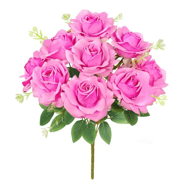 LIVING LUXURY 17 in. Hot Pink Artificial Gardenia Rose Flower Stem Bush Bouquet (Set of 2)