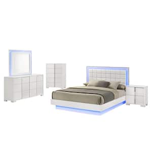 Elma 5-Piece White Lacquer Faux Leather Wood Frame Eastern King Platform Bedroom Set With Chest