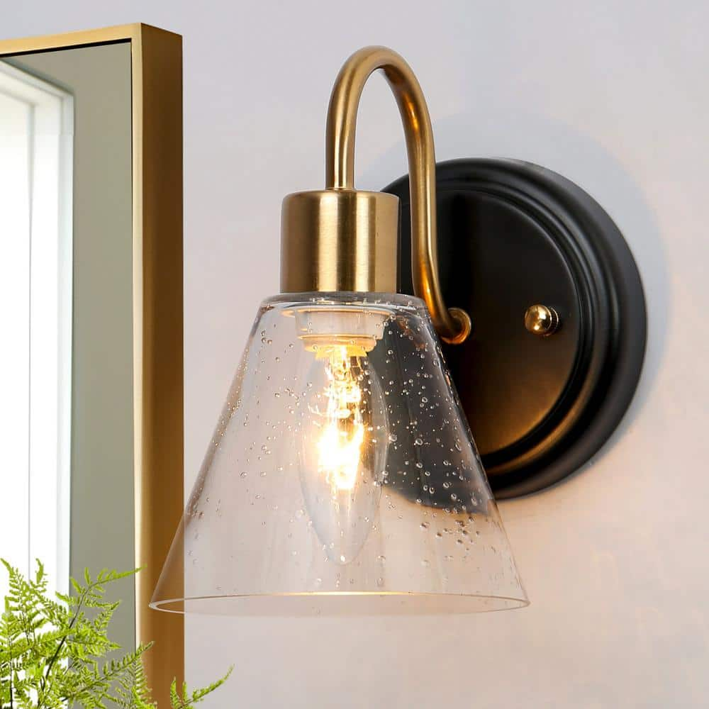 Uolfin 5.1 in. Black and Brass Wall Sconce Light with Seeded Glass ...