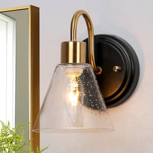 5.1 in. Black and Brass Wall Sconce Light with Seeded Glass Shade