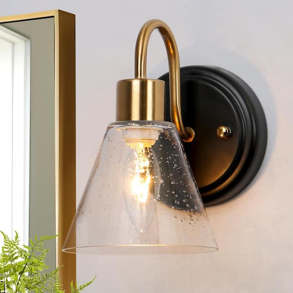 Uolfin 5.1 in. Black and Brass Wall Sconce Light with Seeded Glass Shade