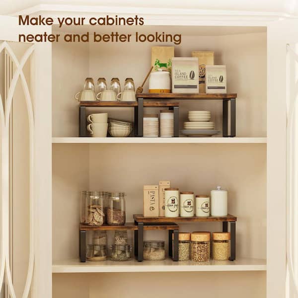 4-Shelf 15.75 in. Polished Wood Kitchen Cabinet Organizer, Stackable Expandable Spice Rack for Pantry Countertop