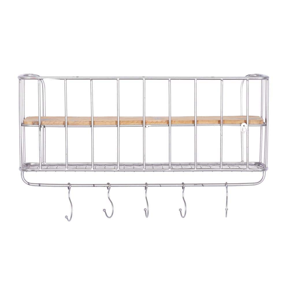 Gray Iron and Wood Wall Shelf with Hooks, Set of 2