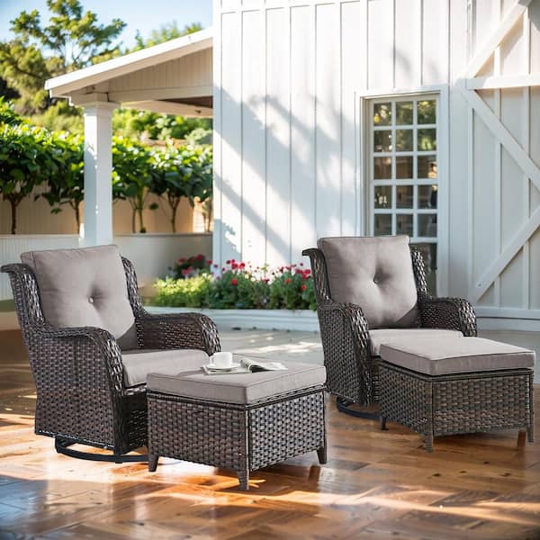 Gymojoy Carolina Brown Rocking Swivel Wicker Outdoor Lounge Chair with Gray Cushions with ottomans