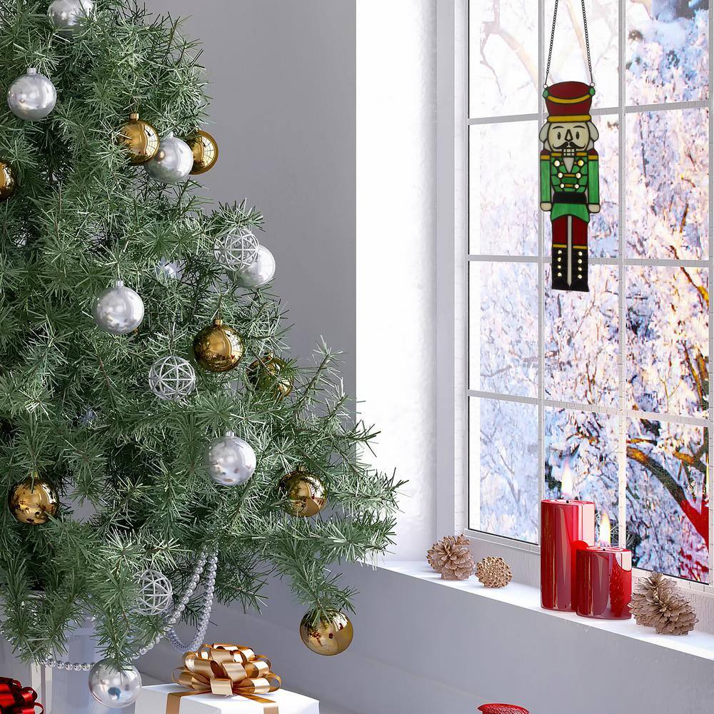 14" Red and Green Stained Glass Nutcracker Window Panel