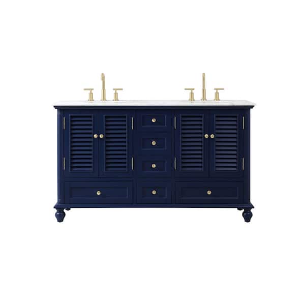 Unbranded Simply Living 60 in. Double Bathroom Vanity in Blue with Marble Vanity Top in Carrara White