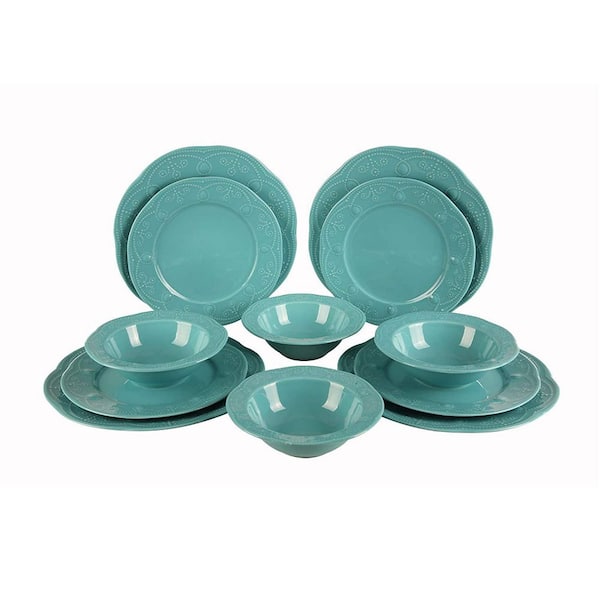12-Pieces Porcelain Dinnerware Set in Turquoise
