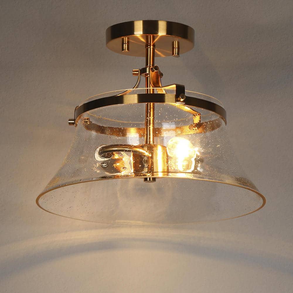 Auisre 2-Light Polished Gold Drum LED Semi-Flush Mount with Seeded Glass