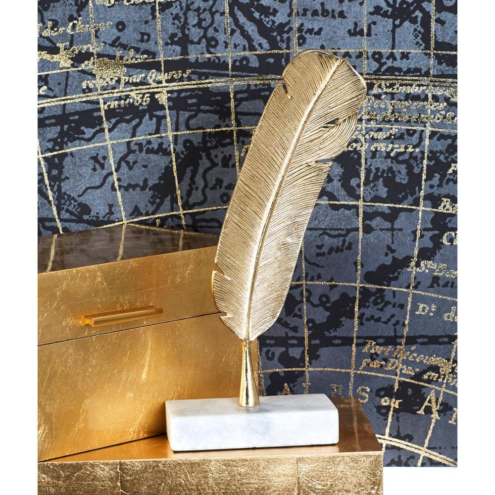 Gold Metallic Bird Feather Sculpture with Marble Base, 12" Height